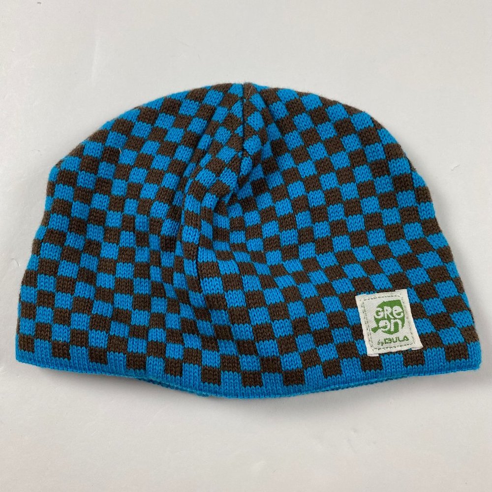 Green by BULA Checkered Wool Ski Beanie Winter Hat Cap Toque Womens Blue Check
